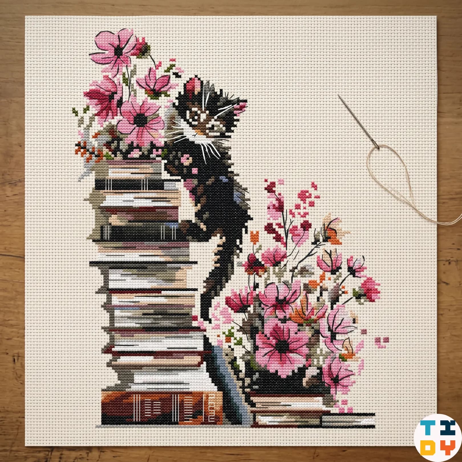 Pink happiness, cat cross stitch pattern, modern cross stitch, PDF, instant download, CAT65-2