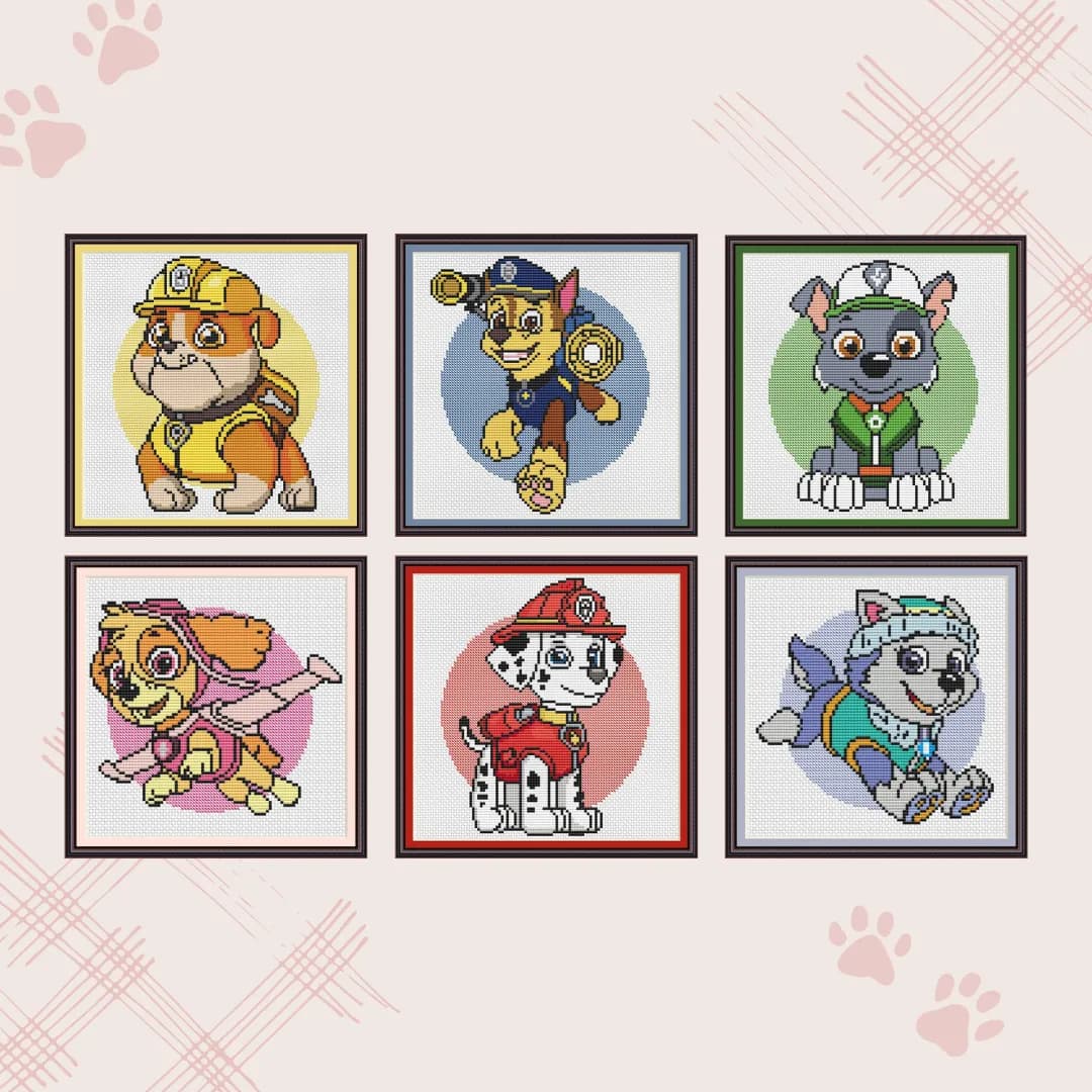 Set of 6 patterns, PAW PATROL, games, Heroes embroidery chart, modern cross stitch, PDF, instant download, CA30