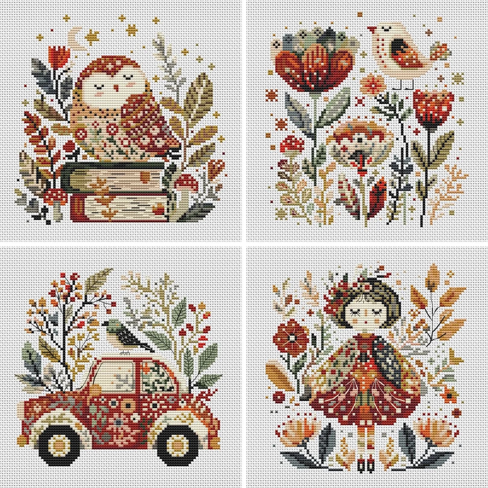 Set of 4 Folk Art Cross Stitch Patterns, flowers cross stitch pattern, modern cross stitch, PDF, instant download, FLR86