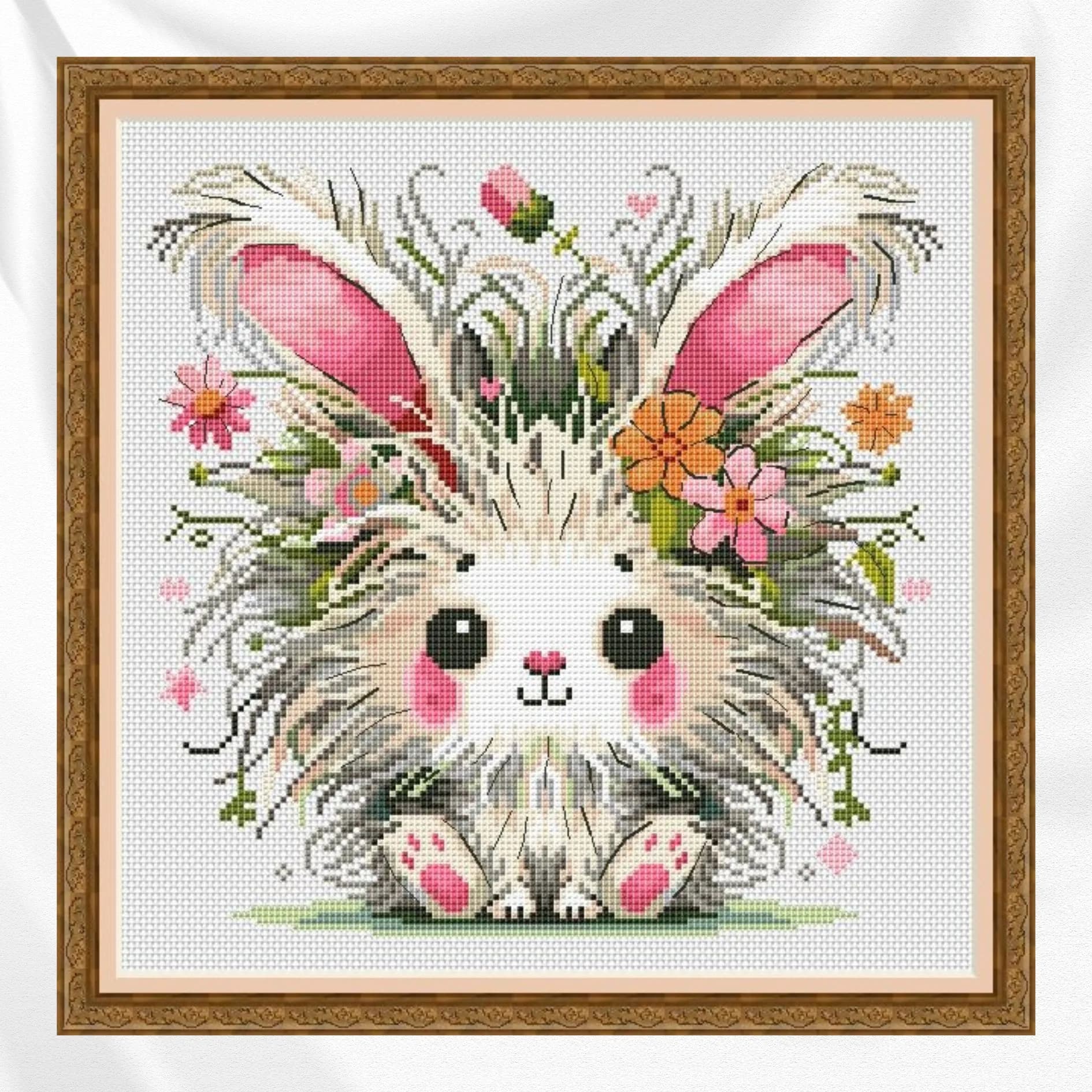 Floral Bunny Cross Stitch Pattern, Cute Spring Rabbit, modern cross stitch, PDF, instant download, FLR89-1