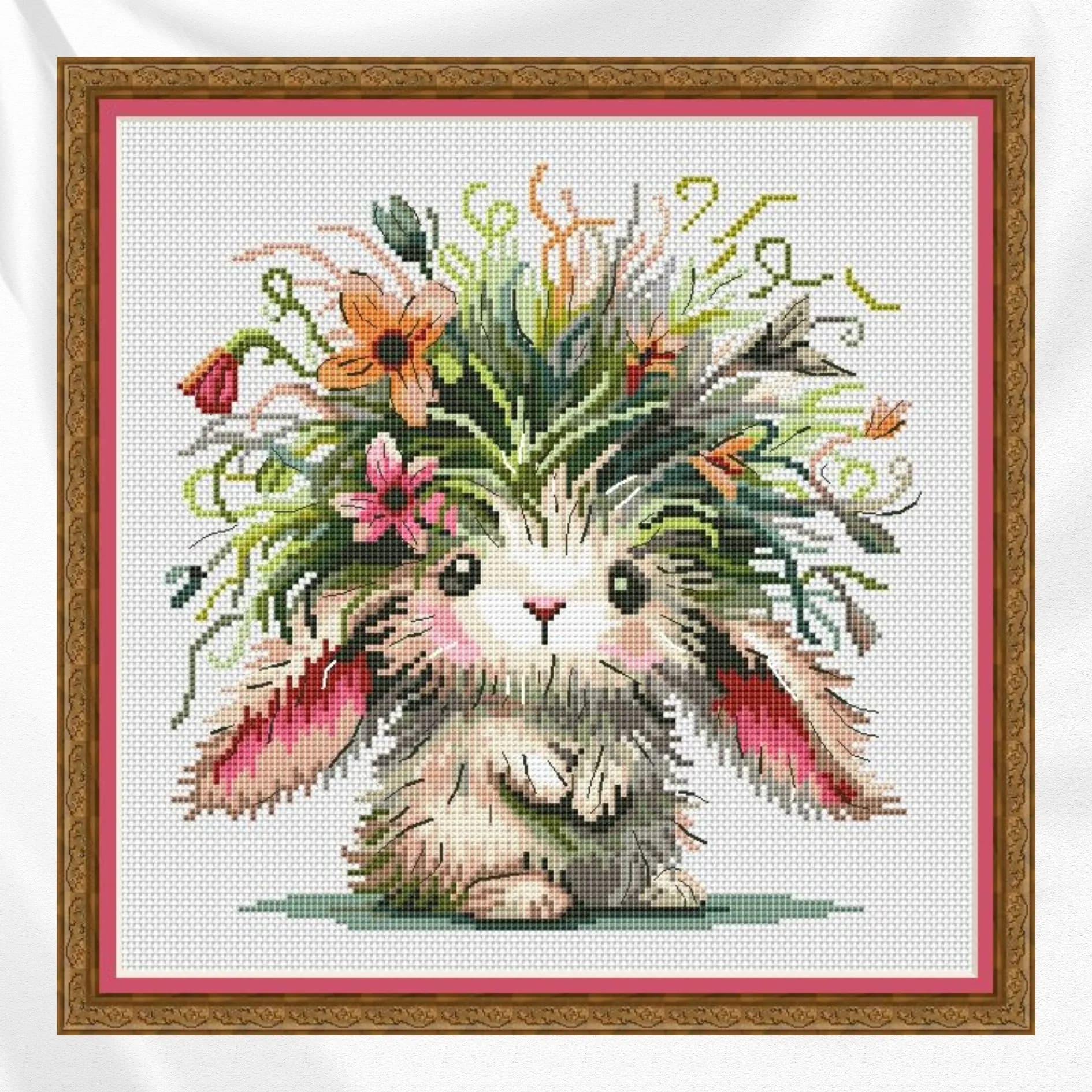 Floral Bunny Cross Stitch Pattern, Cute Spring Rabbit, modern cross stitch, PDF, instant download, FLR89-2