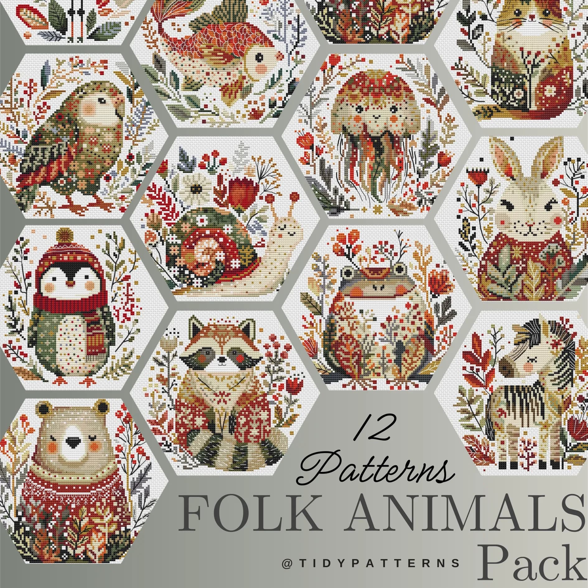 Set of 12 Folk Art Cross Stitch Patterns, Animals cross stitch pattern, modern cross stitch, PDF, instant download, ANM92-ANM93-ANM94