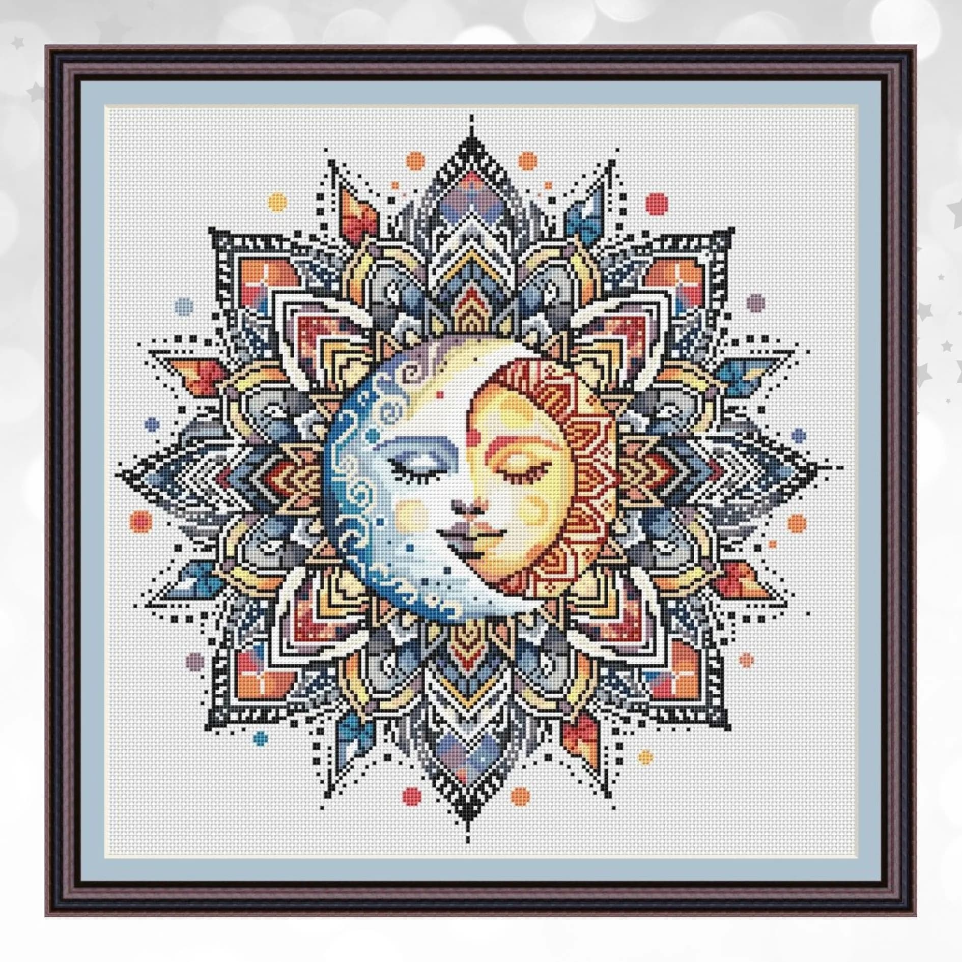 Celestial Sun Moon Cross Stitch Pattern, Boho Mandala Embroidery Chart, modern cross stitch, PDF, instant download, MDL134