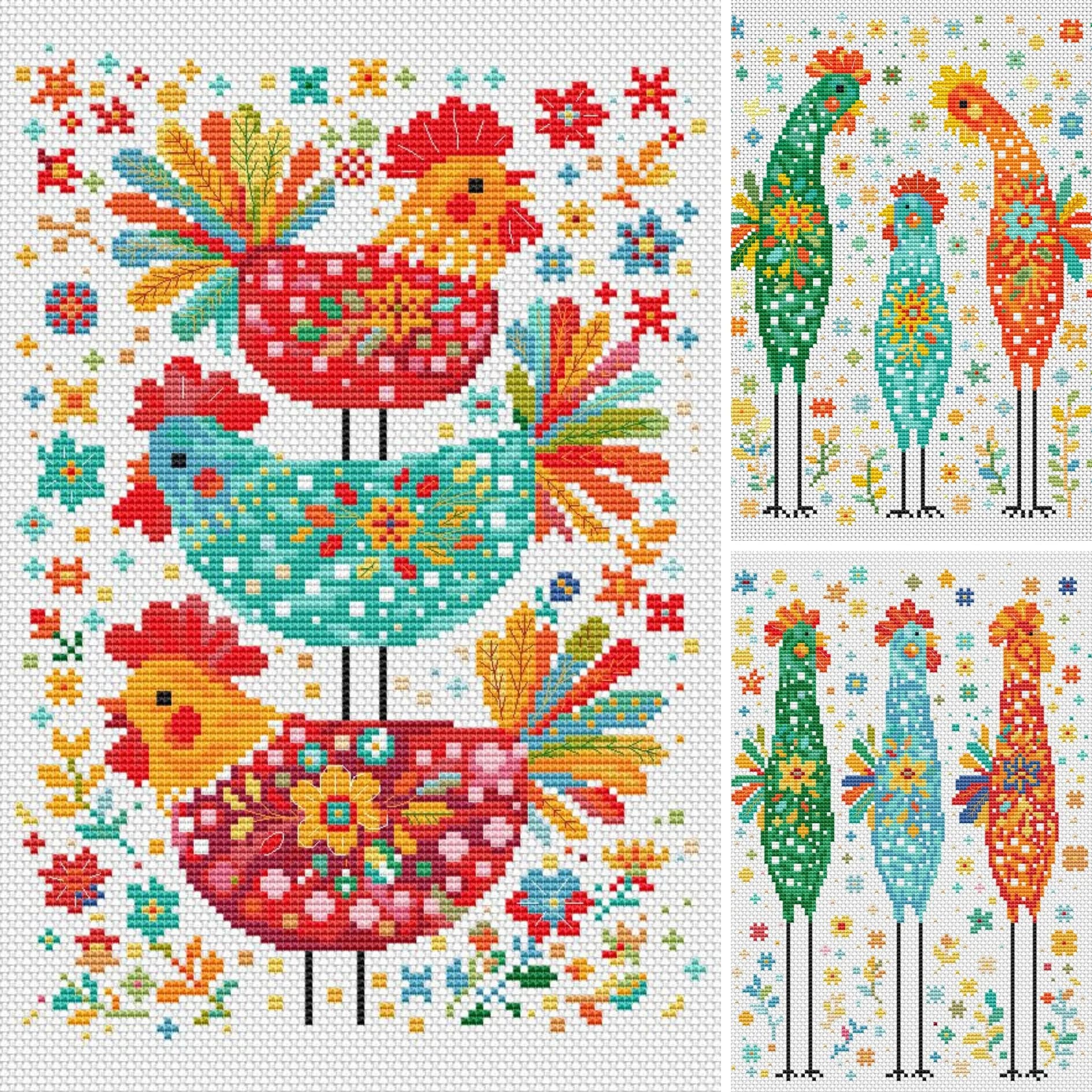 Set of 3 Colorful Rooster Cross Stitch Pattern PDF, Folk Art Chicken Embroidery Design, PDF, instant download, COQ23