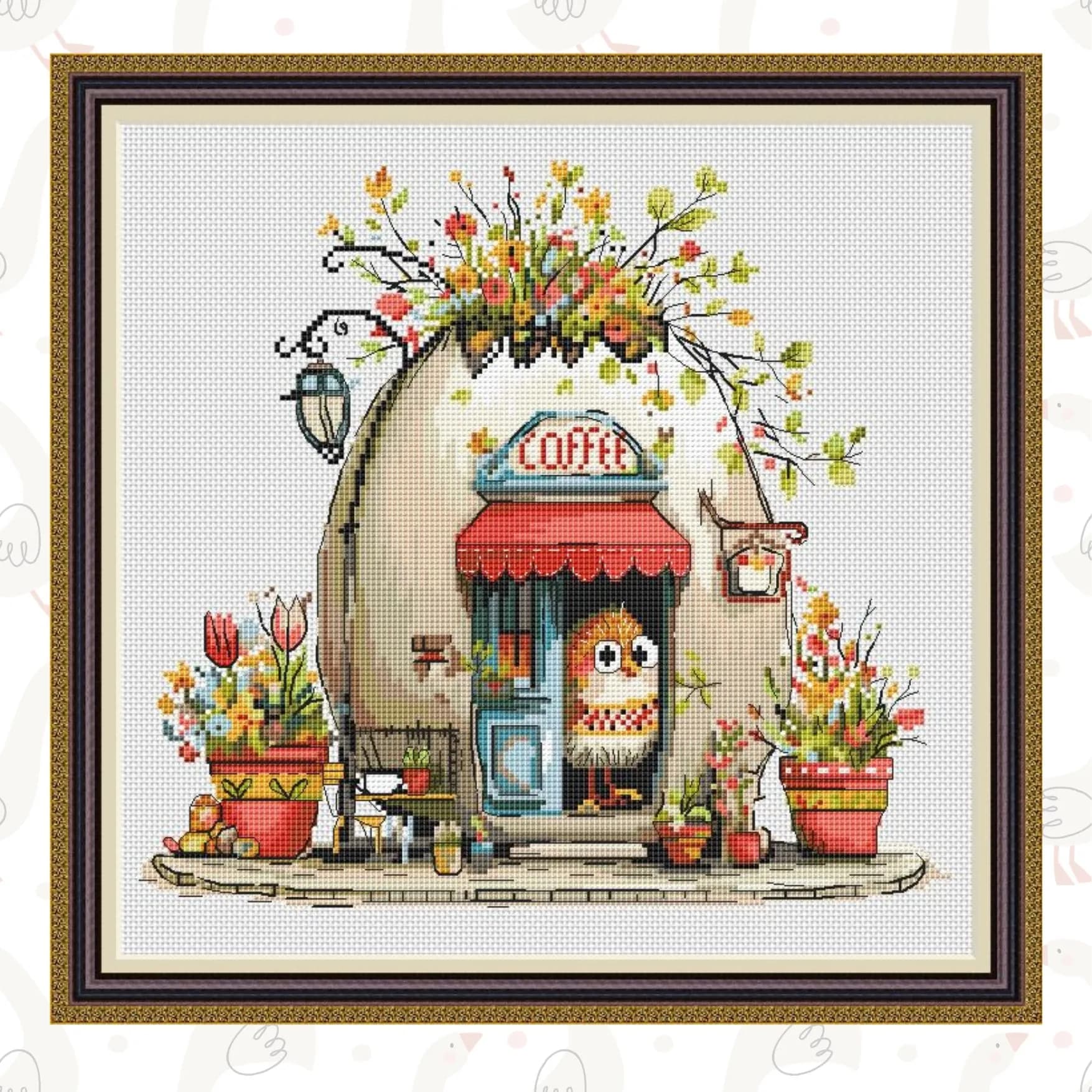 Easter Cross Stitch Pattern Coffee Shop, Folk Art Embroidery Design, Spring Cafe Scene, PDF, instant download, EST17
