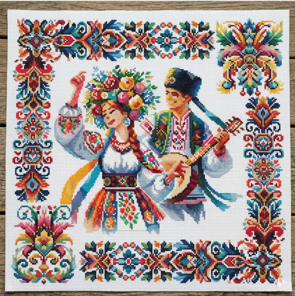 Slavic Folk Cross Stitch Pattern – Dancing Couple, Floral Motif, Vintage Style Embroidery Design, PDF, instant download, FLR94