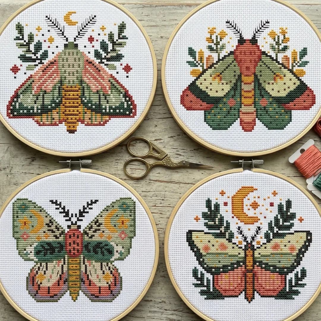 FREE, Celestial Moth Cross Stitch Pattern Set, Moon & Floral Embroidery Patterns, modern cross stitch, PDF, instant download, BTF17