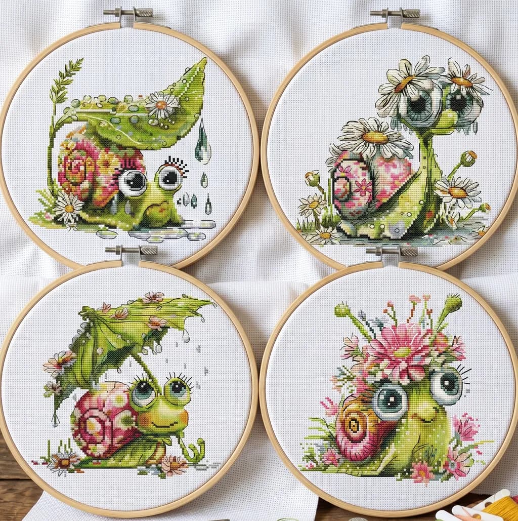 Set of 4 Floral Snail Cross Stitch Patterns, Spring Nature cross stitch pattern, modern cross stitch, PDF, instant download, ANM97