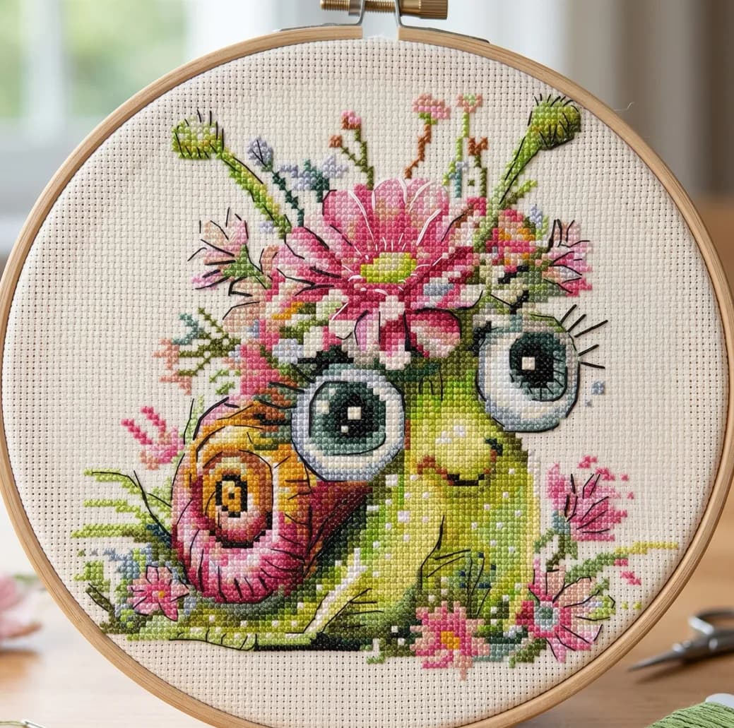 Floral Snail Cross Stitch Patterns, Spring Nature cross stitch pattern, modern cross stitch, PDF, instant download, ANM97-4