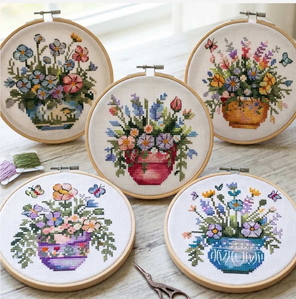 Spring Floral Cross Stitch Pattern Set, Quirky garden, Nature cross stitch pattern, modern cross stitch, PDF, instant download, FLR91