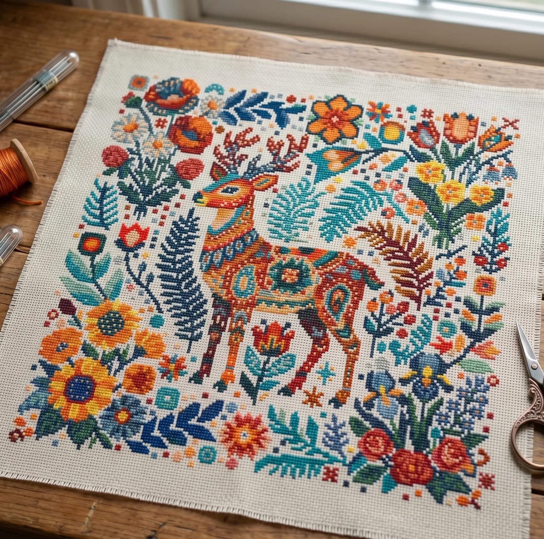 Christmas Folk Art Deer Cross Stitch Pattern, Scandinavian Holiday Floral Sampler, Christmas Decoration, PDF, instant download, ANM100