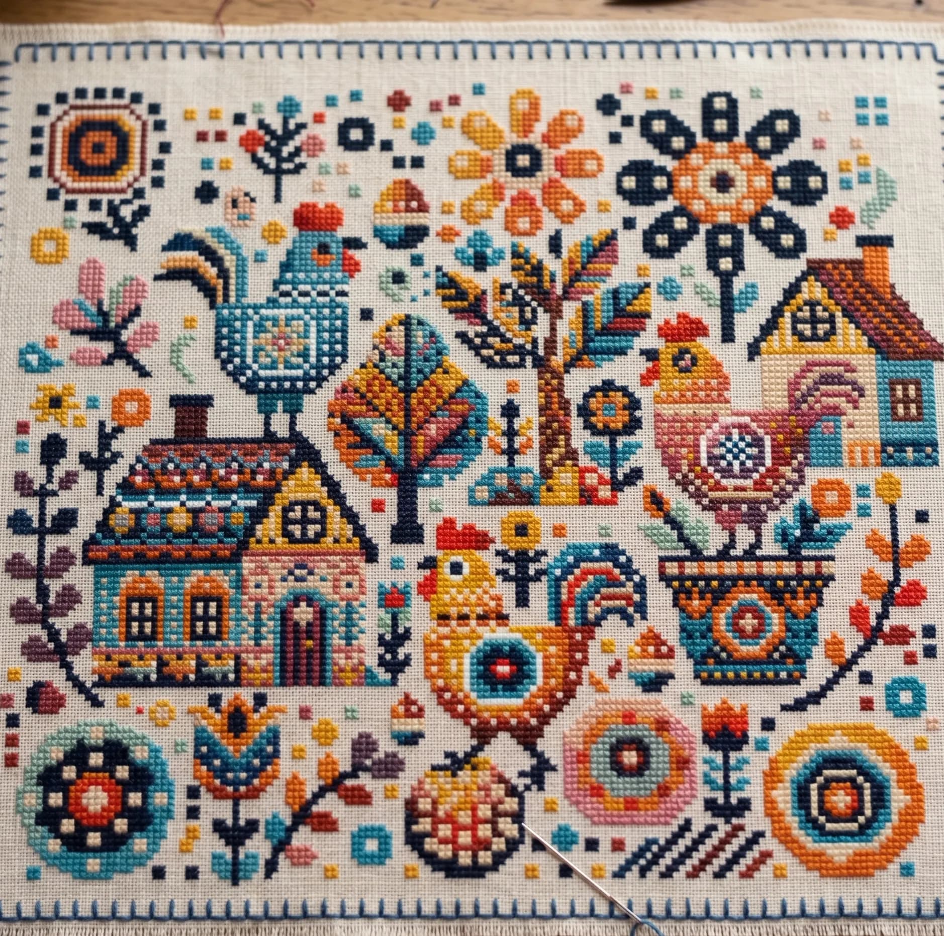 Folk Farm Cross Stitch Pattern, Roosters, Houses & Flowers Sampler, Nature, modern cross stitch, PDF, instant download, COQ25