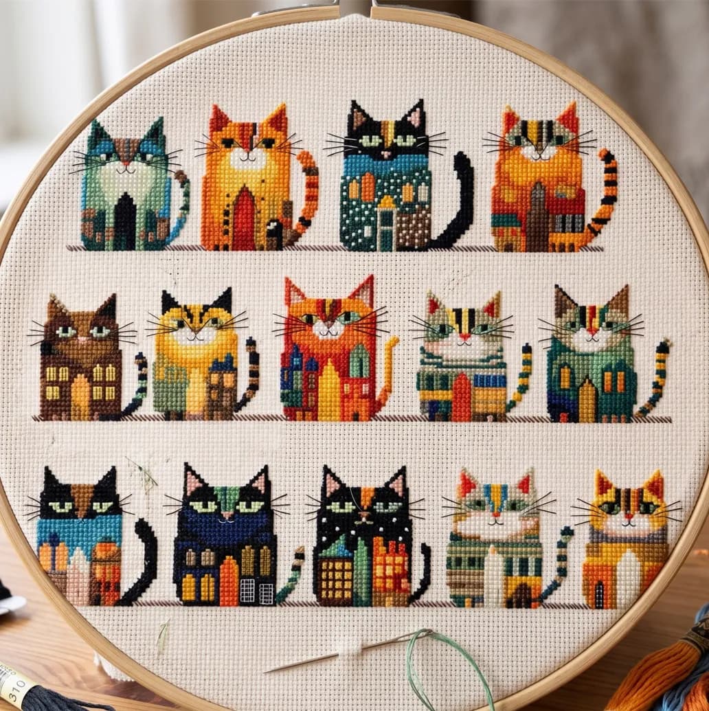 Cozy Cat Village Cross Stitch Pattern, Cat Lover cross stitch, PDF, instant download, CAT63