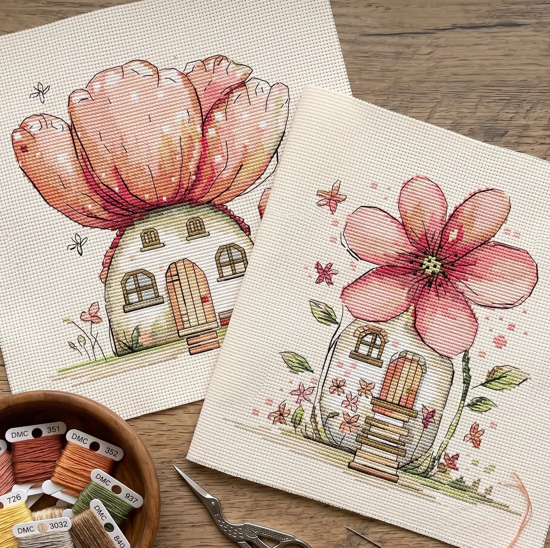 Set of 2 Fairy Flower Cottage Cross Stitch Pattern , flowers cross stitch pattern, modern cross stitch, PDF, instant download, FLR106-2