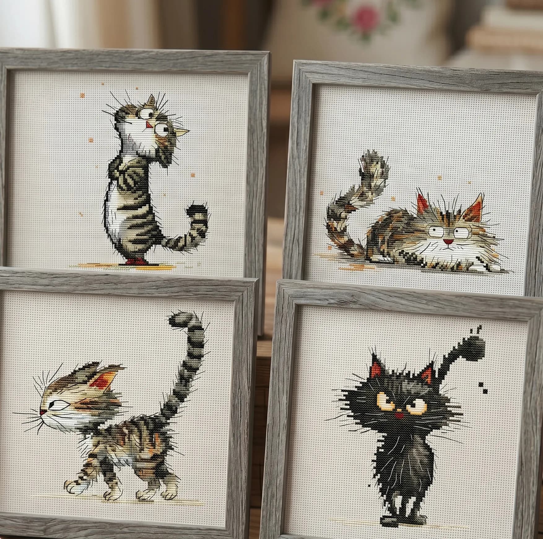 Set of 4 Quirky Cats Cross Stitch Pattern, modern cross stitch, PDF, instant download, CAT66