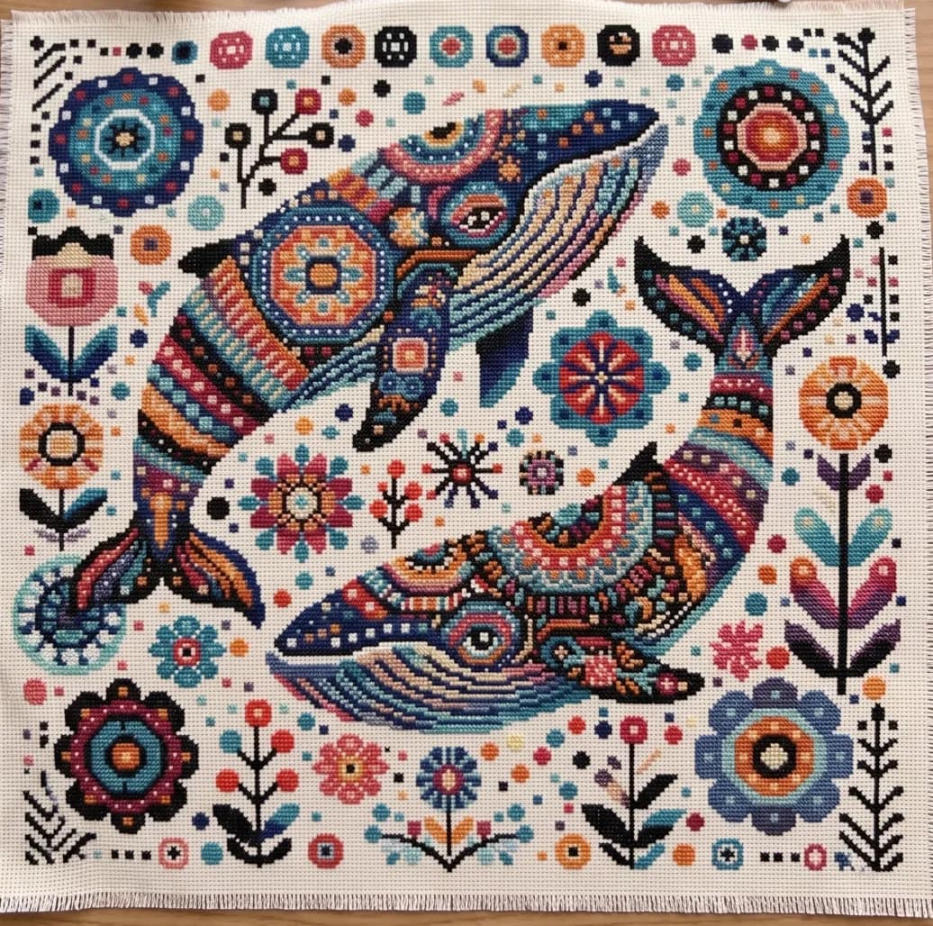 Scandinavian Whale Cross Stitch Pattern, Floral Ocean cross stitch, PDF, instant download, ANM101