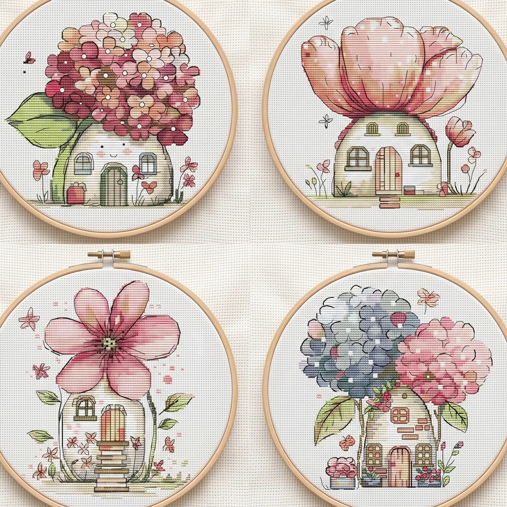 Set of 4 Fairy Flower Cottage Cross Stitch Pattern , flowers cross stitch pattern, modern cross stitch, PDF, instant download, FLR106
