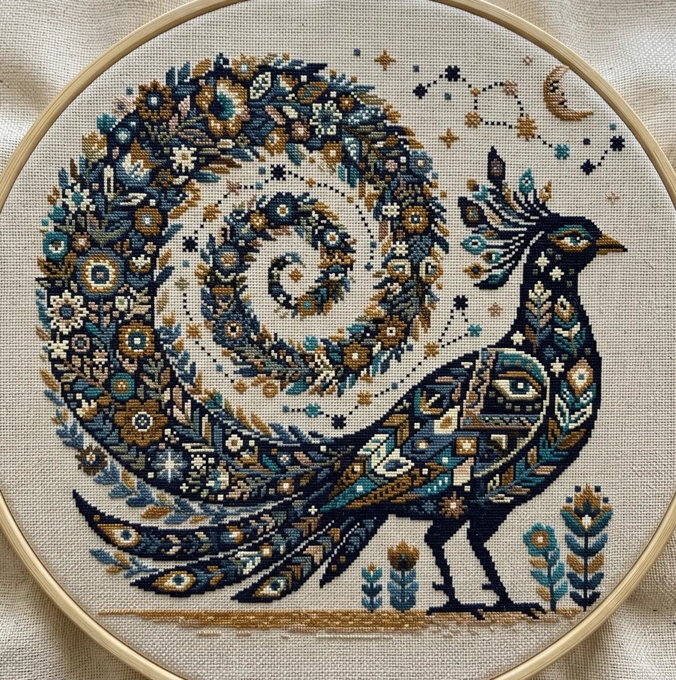 Celestial Peacock Cross Stitch Pattern, Moon & Stars Folk Art Embroidery Chart PDF, modern cross stitch, PDF, instant download, ART16
