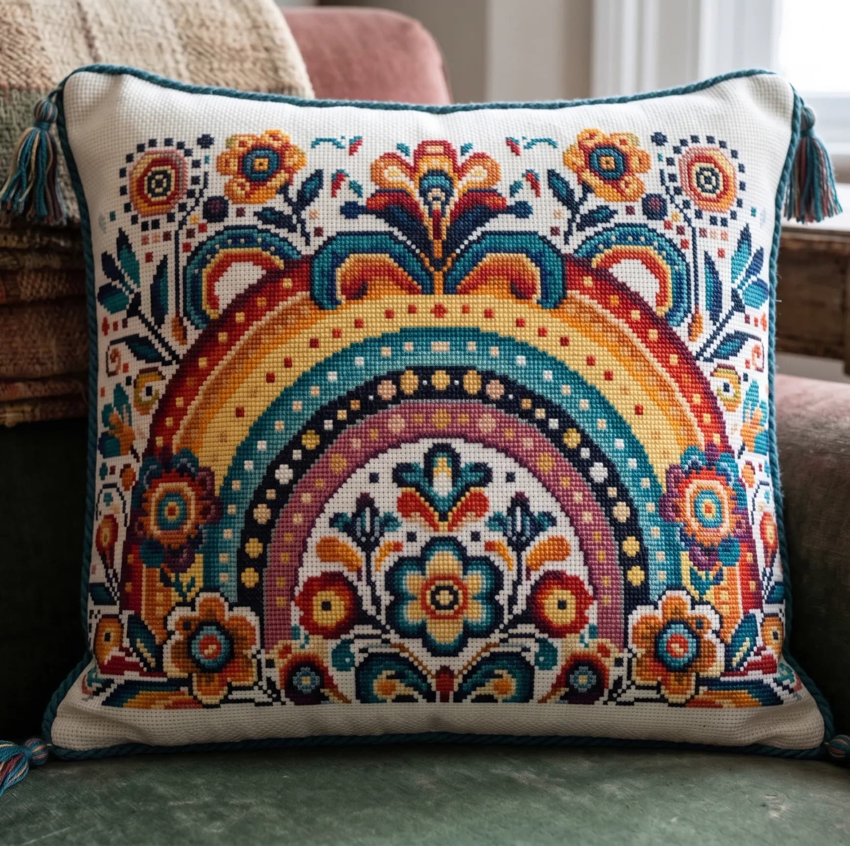 Boho Rainbow Cross Stitch Pattern, flowers cross stitch pattern, modern cross stitch, PDF, instant download, FLR100
