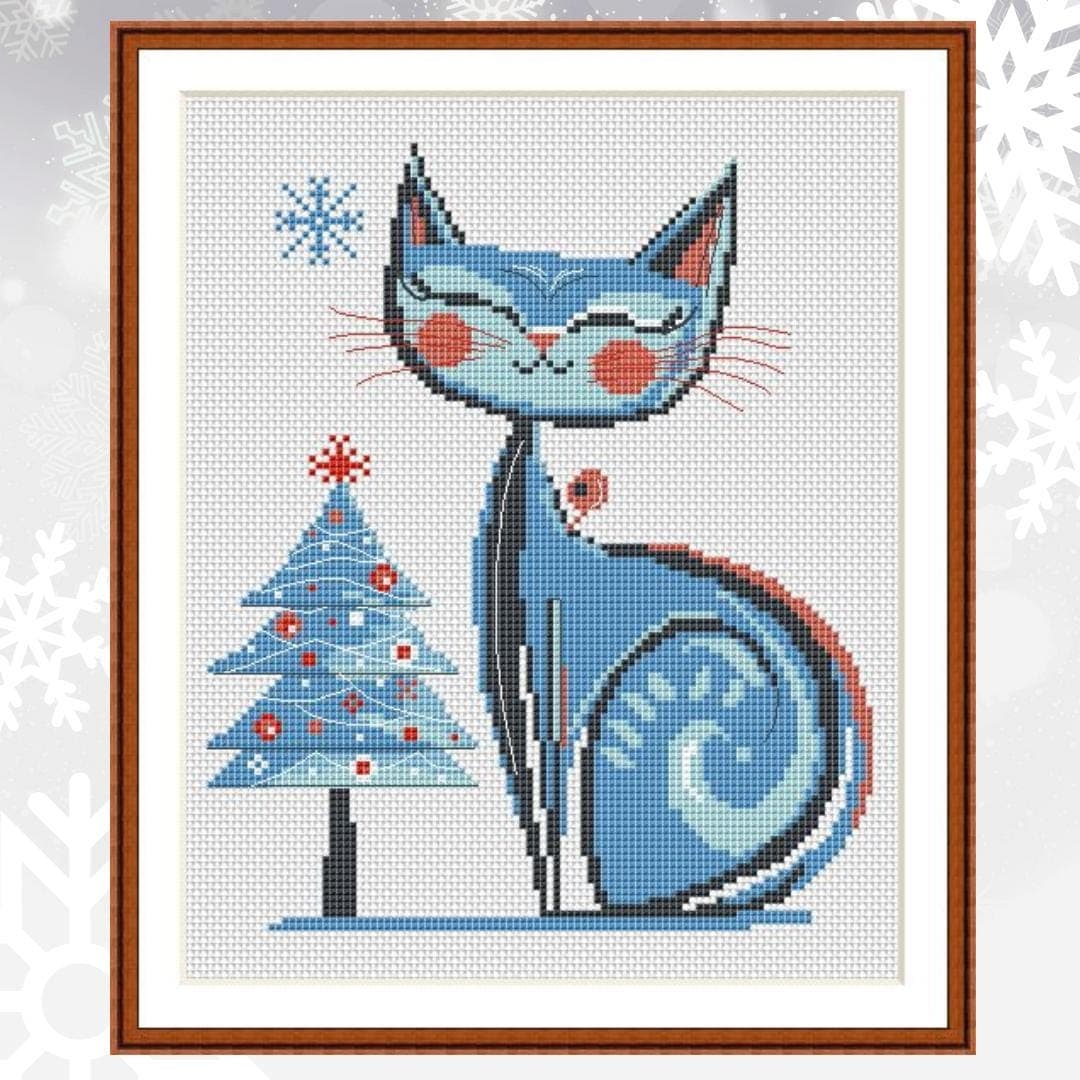 Blue Christmas Cat, Cross Stitch Pattern, Christmas Decoration, Holidays, PDF, instant download, CAT22