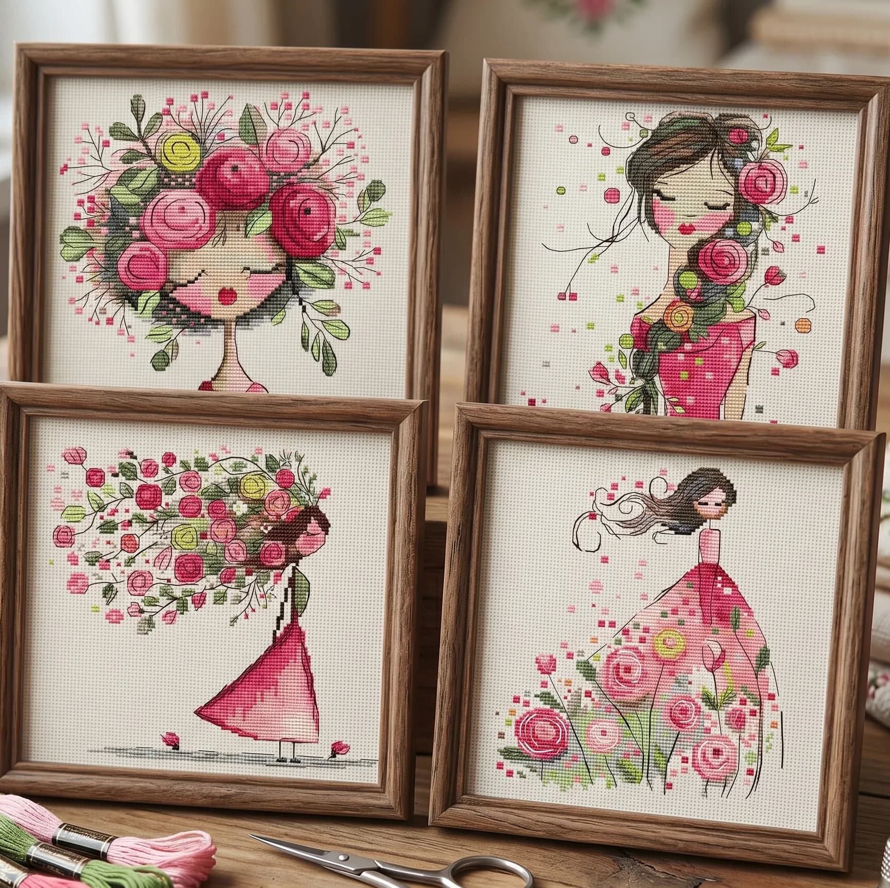Set of 4 Fashion Floral Ladies Cross Stitch Patterns, flowers cross stitch pattern, modern cross stitch, PDF, instant download, SPRING06