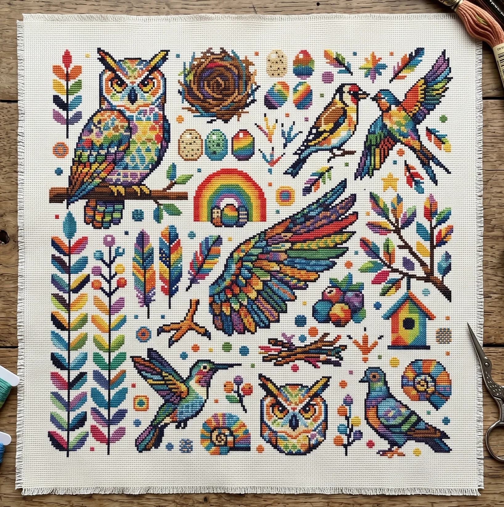 Rainbow Birds Cross Stitch Pattern, Colorful Nature Sampler, modern cross stitch, PDF, instant download, BIRD46