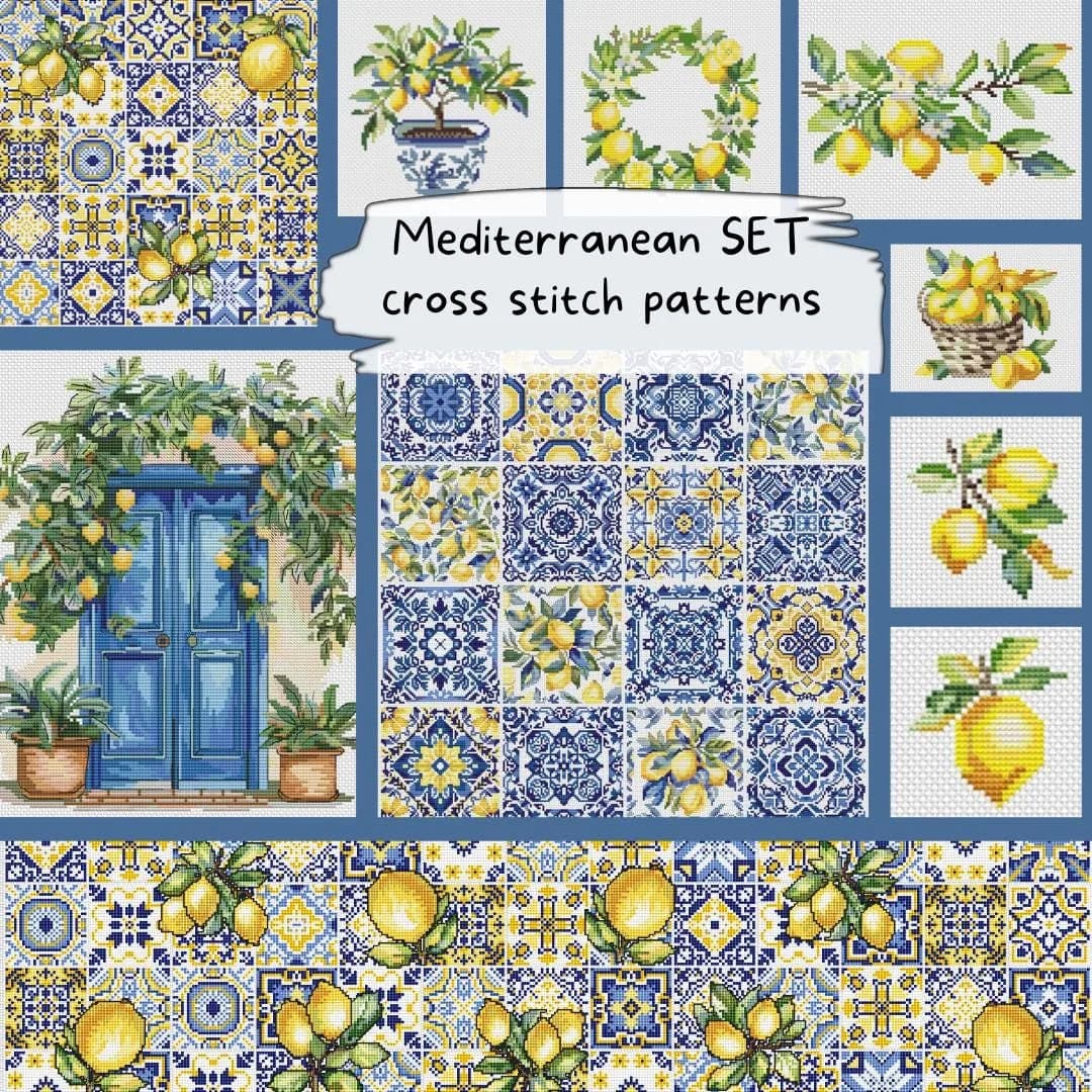 Mediterranean SET, cross stitch pattern,Mosaic tiny squares, table runner, modern cross stitch, PDF, instant download, Mediterranean SET
